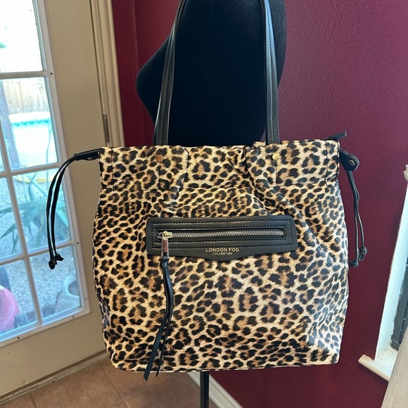 London Fog Handbags - London Fog Leopard Print Tote Bag Zip Top Purse w/ Side Pulls Large